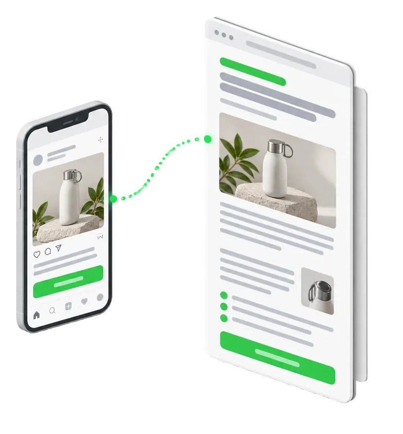 Illustration of a social ad leading to a pre-sell advertorial page