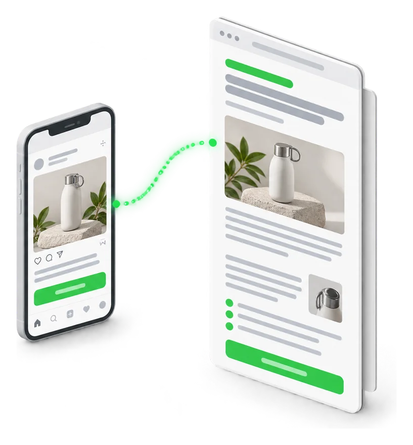Illustration of a social ad leading to a pre-sell advertorial page