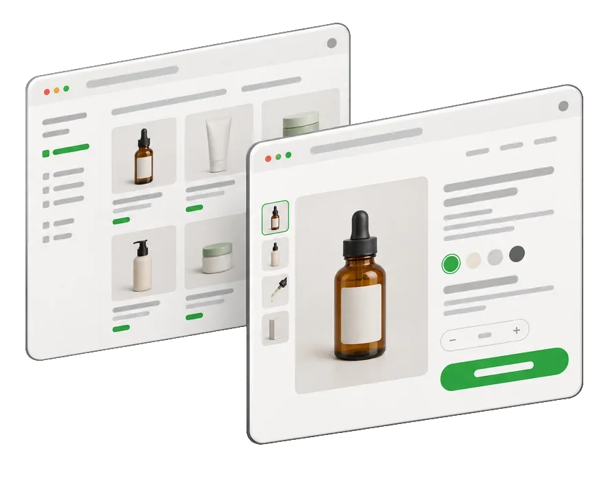 Illustration of a Shopify product page in front of a collection page