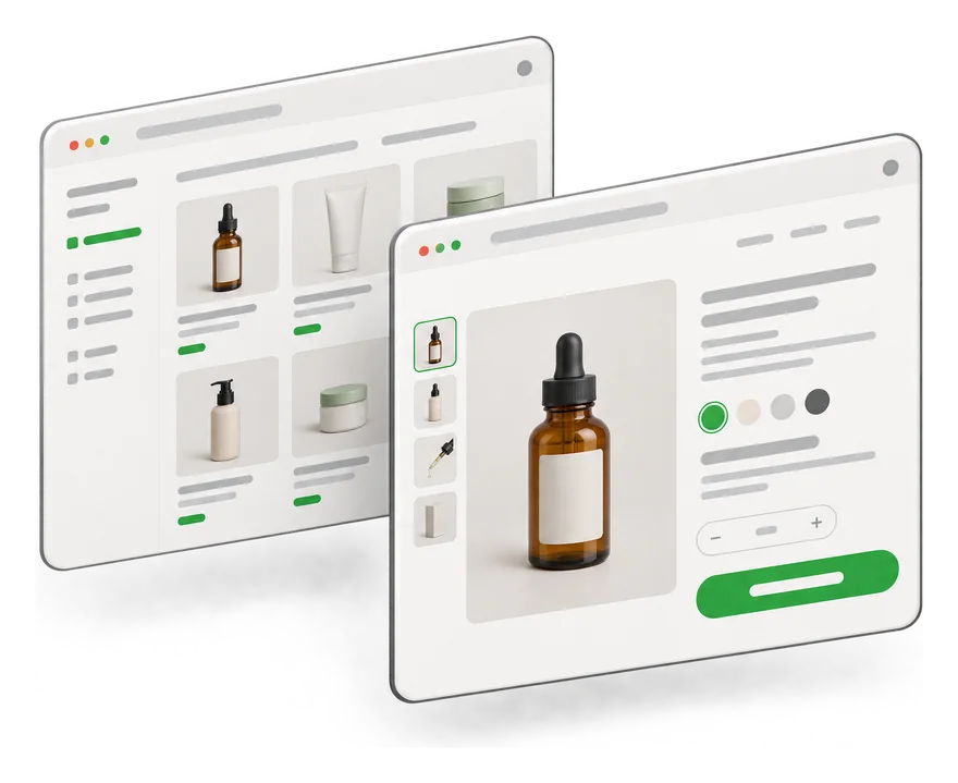 Illustration of a Shopify product page in front of a collection page