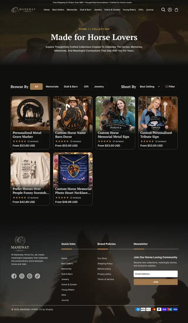 Collection page for a personalised equestrian gifts Shopify store