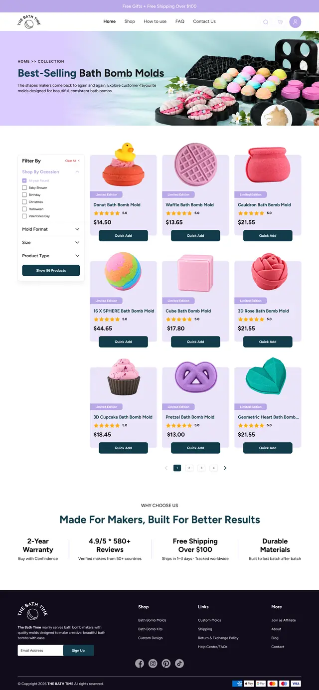 Collection page for a bath bomb mould Shopify store