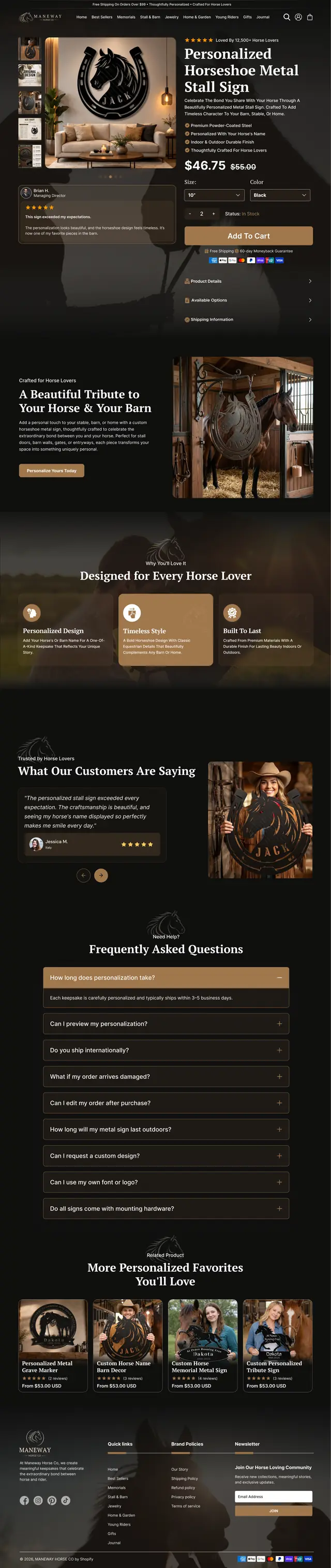 Product page design for a personalised horseshoe stall sign