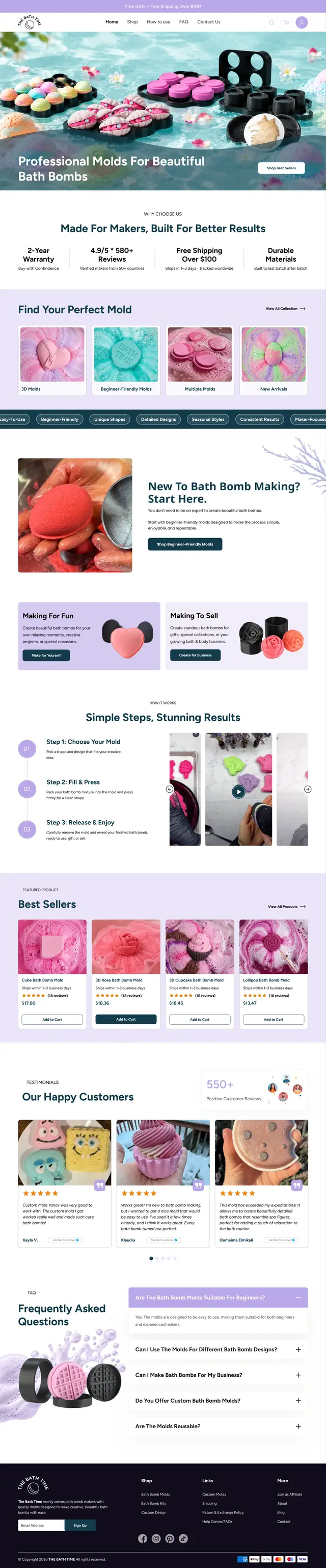Homepage design for a bath bomb mould brand